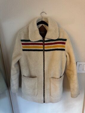 Pendleton Cream Sherpa Zip Jacket with Green, Red, Yellow and Black Stripes